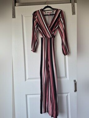 No Boundaries Pink, Black & White Striped Wrap Jumpsuit